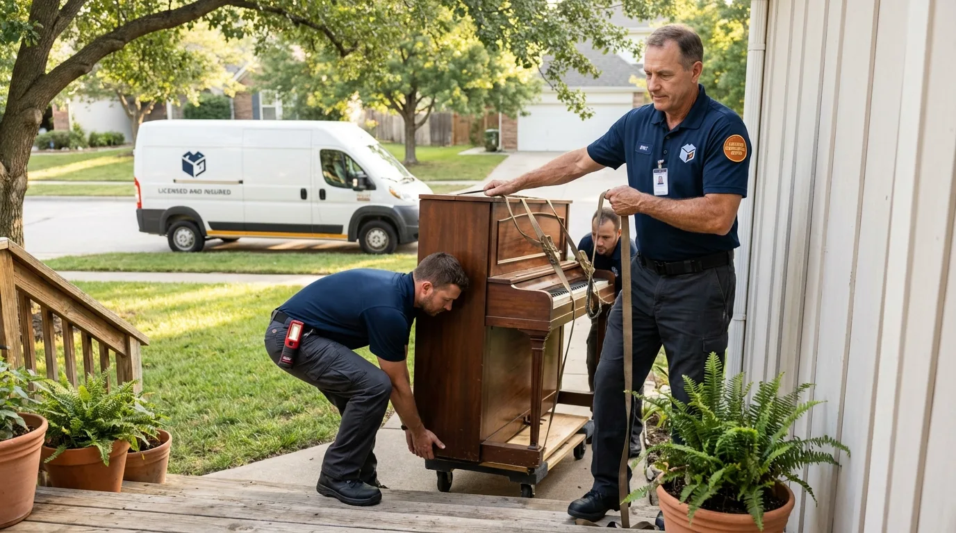 Licensed piano movers securing grand piano in Ada, MN