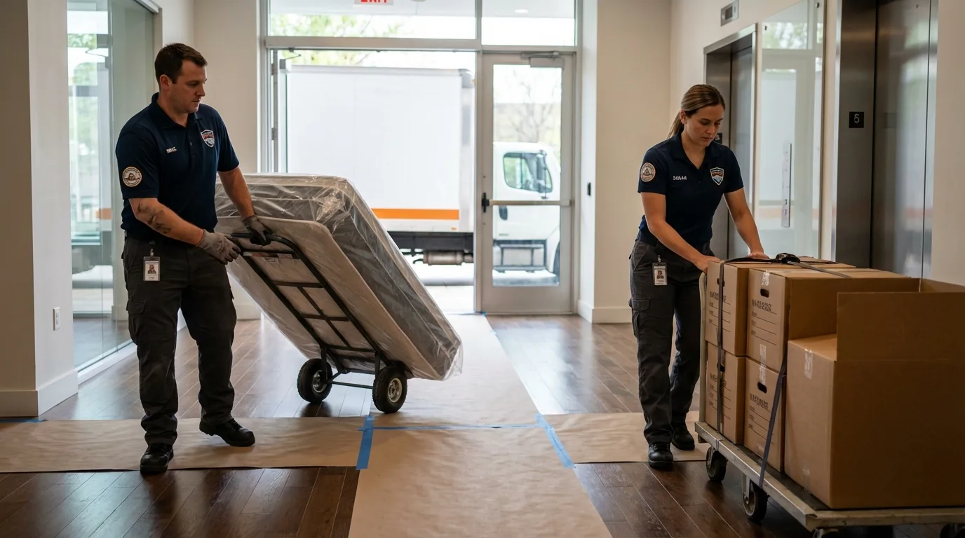 Professional apartment movers loading elevator in Ada, MN